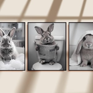 Bunny Bathroom Wall Art Set of 3 Prints | Cute & Funny Rabbit Prints | Playful Farmhouse Bathroom Decor | Whimsical Bunny Artwork | Digital