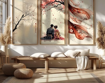 Conjunto de 3 láminas de arte romántico japonés / Decoración de pared minimalista y elegante / Obra de arte moderna de inspiración asiática / Descarga digital