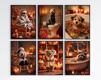 May include: Set of six framed art prints featuring animals in cozy autumnal scenes. A sloth, cat, dog, panda, koala, and raccoon are depicted in spa-like settings with pumpkins, candles, and fall foliage, creating a warm, inviting atmosphere.