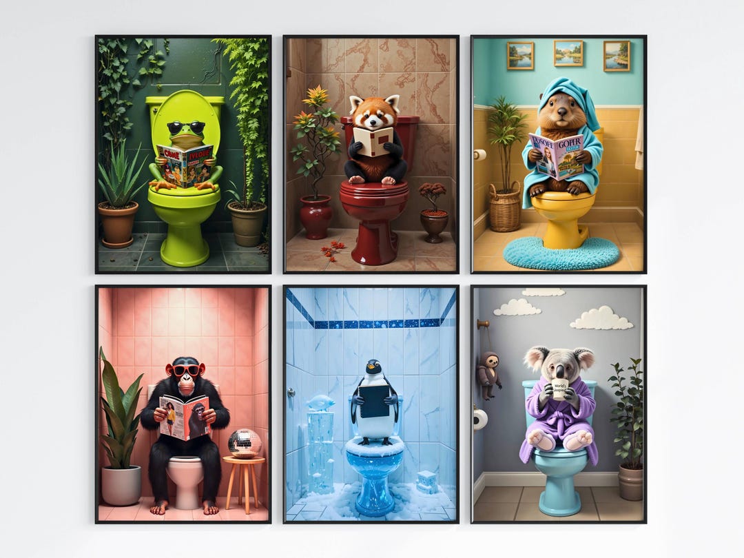 Funny Animals Bathroom Wall Art Set of 6 | Cute Animals on Toilet Decor ...