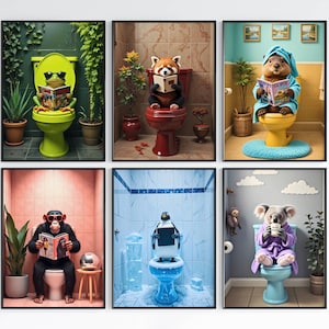 Juego de 6 impresiones artísticas de animales divertidos para el baño / Decoración de inodoro con animales adorables / Obras de arte originales para el baño / Descarga digital divertida para la decoración del hogar