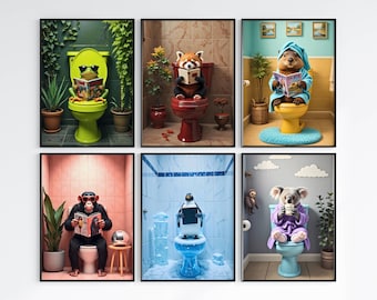 Funny Animals Bathroom Wall Art Set of 6 | Cute Animals on Toilet Decor | Quirky Bathroom Artwork | Playful Digital Download for Home Decor