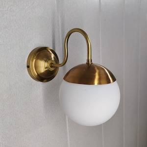 Brass Globe Sconce, Modern Vanity Wall Light, Bathroom Mirror Sconce, Minimalist Brass Wall Lamp, White Glass Globe Light