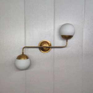 Modern Brass Globe Vanity Light – Mid-Century Wall Sconce with Opal Glass Shades – Handmade Bathroom or Hallway Lighting Fixture