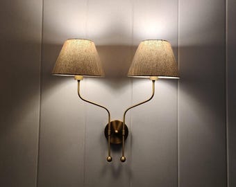 Double Arm Brass Wall Sconce with Linen Shades – Hardwired or Plug-In Wall Light for Bedroom, Living Room, or Hallway
