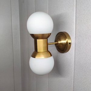Brass Double Globe Wall Sconce | Mid-Century Modern Wall Light | Frosted Glass & Brass Wall Lamp | Art Deco Bathroom Vanity Light