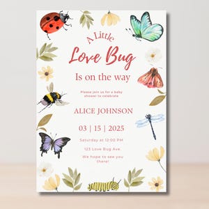 Um pequeno inseto do amor está a caminho Convite para chá de bebê, tema de inseto ao ar livre, modelo editável do Canva