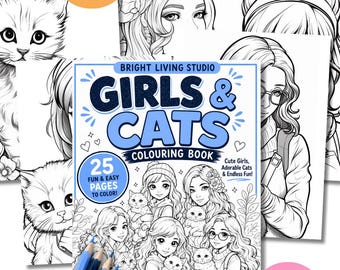 女の子と猫の塗り絵ブックPDF、子供と大人のための可愛い動物の塗り絵ページ | 塗り絵ブック
