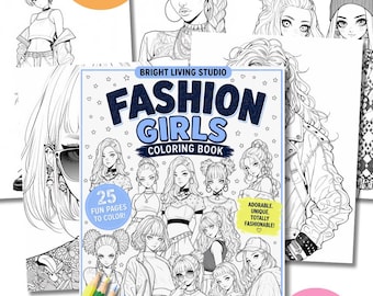ファッションガールズぬりえブック（印刷可能なPDF）、スタイリッシュな衣装のぬりえページ、トレンディなドレスアップアート、ティーン向けぬりえアクティビティ、ファッションティーンカラー