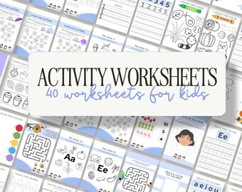 子供向けアクティビティワークシートセット | 印刷可能なワークシート40枚 | Canvaテンプレート | ホームスクーリング、学習支援、幼児向けアクティビティ