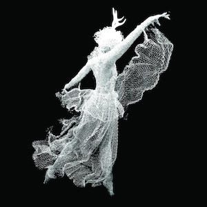May include: A white wire mesh sculpture of a person wearing a dress and antlers. The sculpture is posed with arms outstretched and the dress flowing behind the figure.