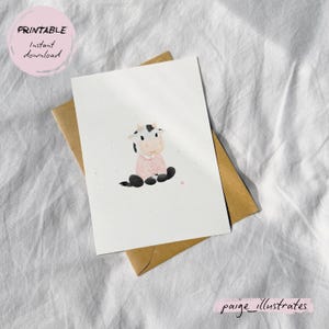 Cartão digital Cordelia the Cow, ilustrações de paige_illustrates, ilustração em aquarela, cartão ilustrado, cartão para imprimir em casa