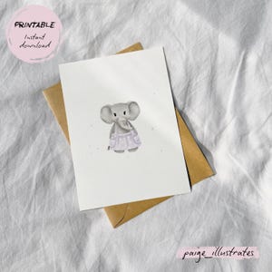 Cartão digital Elsie the Elephant, ilustrações de paige_illustrates, ilustração em aquarela, cartão ilustrado, cartão para imprimir em casa