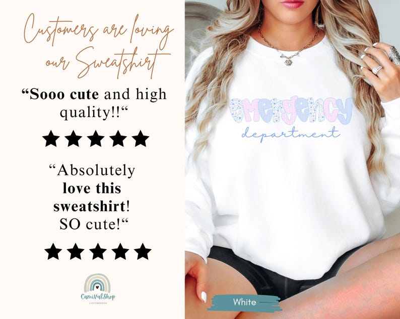 May include: White sweatshirt with the words "Emergency Department" in a playful font. The word "Emergency" is in pink and blue patterned letters, and "department" is in a light blue script. The sweatshirt is part of a clothing collection.