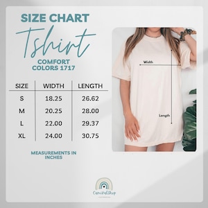 May include: A size chart for a t-shirt, with measurements in inches. The chart includes sizes S, M, L, and XL, with corresponding width and length measurements. The image also shows a person wearing a t-shirt.