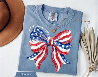 Chemise coquette américaine avec nœud Comfort Colors®, chemise 4 juillet, jolie chemise patriotique pour femme, t-shirt avec nœud américain, chemise drapeau américain rouge, blanc et bleu