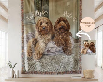 Custom Watercolor Pet Woven Throw Blanket, Personalized Cotton Accent Throw, Wall Tapestry Blanket, Dog Photo Blanket, Pet Memorial Gift