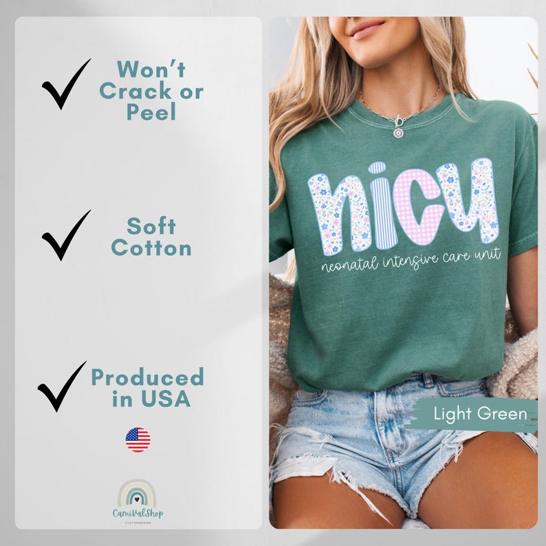 Peut inclure: T-shirt vert clair avec le mot "nicu" dans un motif floral et vichy, avec "neonatal intensive care unit" en dessous. Le t-shirt est en coton doux et fabriqu&eacute; aux &Eacute;tats-Unis. Le texte "Won't Crack or Peel" est &eacute;galement visible.