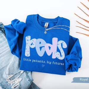 May include: Royal blue sweatshirt with the word "Peds" in a patchwork design. The letters are decorated with floral, striped, and gingham patterns. The text "little patients, big futures" is below the word "Peds". A silver necklace is on the sweatshirt.