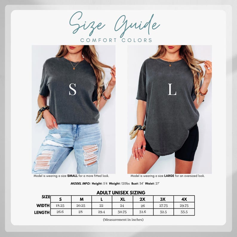 K&ouml;nnte beinhalten: Ein Gr&ouml;&szlig;enleitfaden f&uuml;r Comfort Colors Unisex-Erwachsenengr&ouml;&szlig;en. Das Bild zeigt zwei Models, die graue T-Shirts tragen, eines in Gr&ouml;&szlig;e Small und das andere in Large. Der Leitfaden enth&auml;lt Ma&szlig;e in Zoll f&uuml;r die Gr&ouml;&szlig;en S bis 4XL, mit einer Breite von 46,35 bis 75,57 cm und einer L&auml;nge von 67,56 bis 85,09 cm.