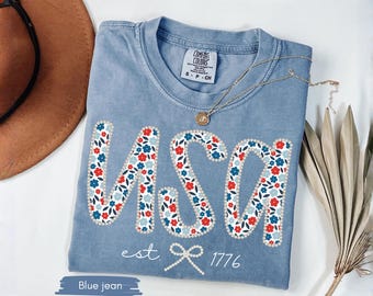 Comfort Colors®, Faux Pearl Flower USA Shirt, United States Shirt, 4th of July Shirt, Floral Patriotic Shirt, USA Shirt, American Flag Shirt