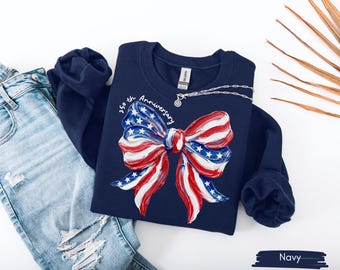 Coquette Bow USA Sweatshirt, 4th of July Sweatshirt, Cute Women's Patriotic, USA Bow Tee, American Flag Sweater Red White and Blue