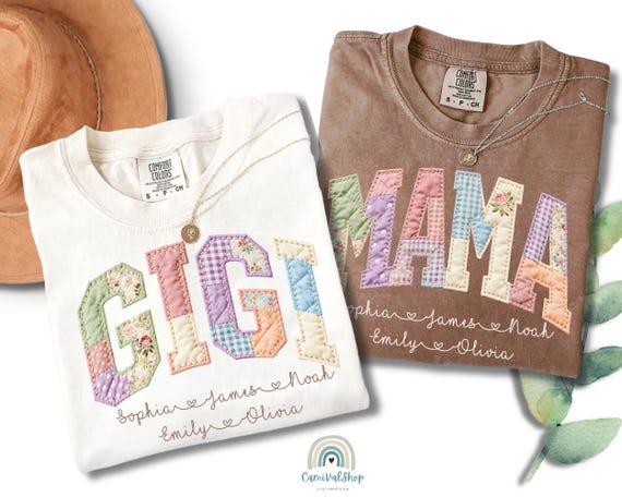 Personalized Gigi Faux Patchwork Shirt Comfort Colors® Grandma Shirt With Grandkids, Custom Mimi Tee, Gift For Gigi, Nana, Mothers Day Gift