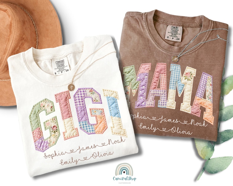 Comfort Colors® t-shirt featuring large pastel patchwork GIGI letters in floral and gingham patterns with custom grandkids names printed underneath in script font.