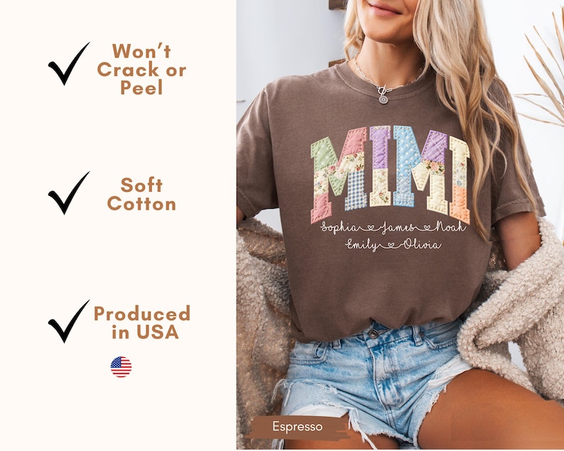 May include: Espresso-colored t-shirt with the word "MIMI" in a patchwork design. Below the name are the names Sophia, James, Noah, Emily, and Olivia. The shirt is made of soft cotton and produced in the USA.