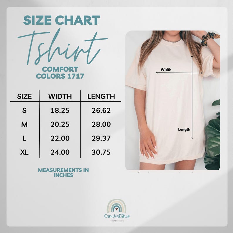 Op de afbeelding: Een maattabel voor een t-shirt met afmetingen in inches. De maten S, M, L en XL worden vermeld, met breedte- en lengtematen. De tekst "Tshirt" wordt weergegeven, samen met de merknaam "CamivalShop".