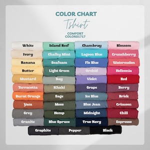 May include: Color chart for t-shirts, featuring a variety of colors such as white, blue, pink, and green. The chart includes the text "Tshirt" and "COMFORT COLORS1717". Each color is labeled with its name.