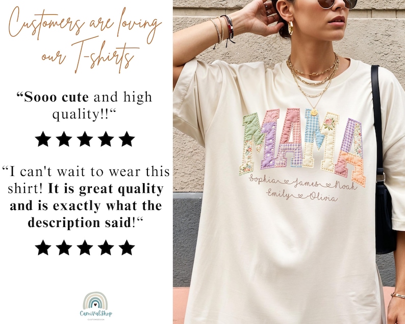 May include: Cream-colored t-shirt with the word "MAMA" in colorful patchwork letters. Below the word "MAMA" are the names Sophia, James, Noah, Emily, and Olivia. The shirt has a relaxed fit and is being worn.