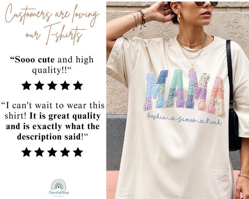 Puede incluir: Camiseta color crema con la palabra "MAMA" en letras de patchwork. Debajo, los nombres "Sophia", "James" y "Noah" est&aacute;n escritos. La imagen tambi&eacute;n incluye rese&ntilde;as de clientes. La camiseta la lleva una persona.