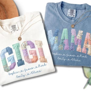 Personalized Gigi Faux Patchwork Shirt Comfort Colors® Grandma Shirt With Grandkids, Custom Mimi Tee, Gift For Gigi, Nana, Mothers Day Gift