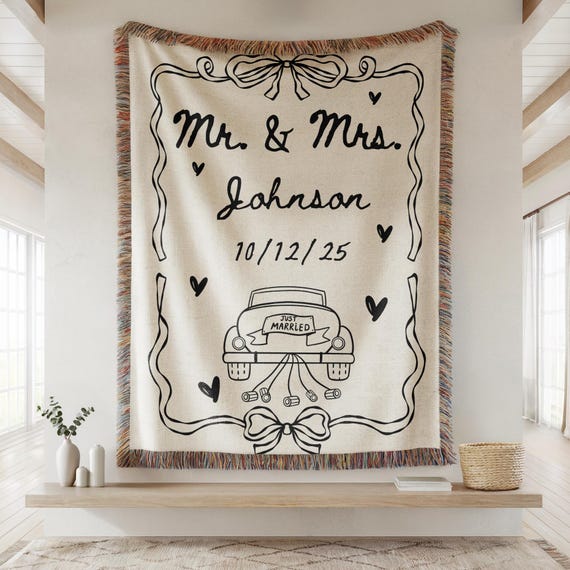 Personalized Wedding Blanket, Custom Anniversary Throw Blanket Gift, Woven Couple Tapestry, Bridal Shower Gift, Christmas Gift For Newlyweds