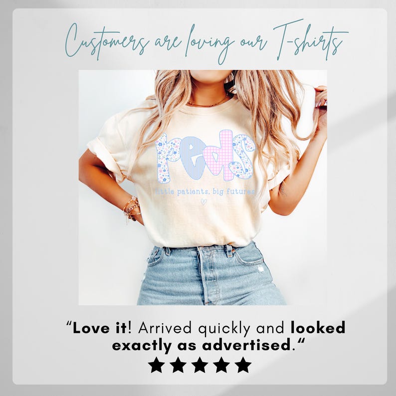 May include: Cream-colored t-shirt with the word "Peds" in a patchwork design of blue floral, pink gingham, and blue striped patterns. The text "little patients, big future" is below the word "Peds". The shirt is paired with blue jeans.