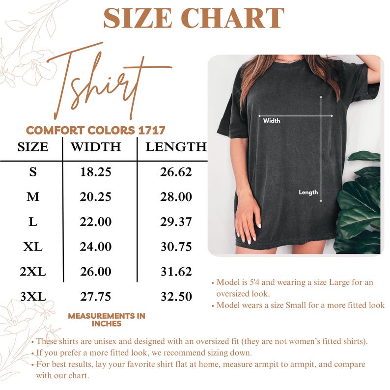 Puede incluir: Tabla de tallas para una camiseta Comfort Colors 1717, con medidas en pulgadas. La tabla incluye tallas de la S a la 3XL, con dimensiones de ancho y largo. Un modelo lleva una talla L para un look oversize. Las camisetas son unisex.