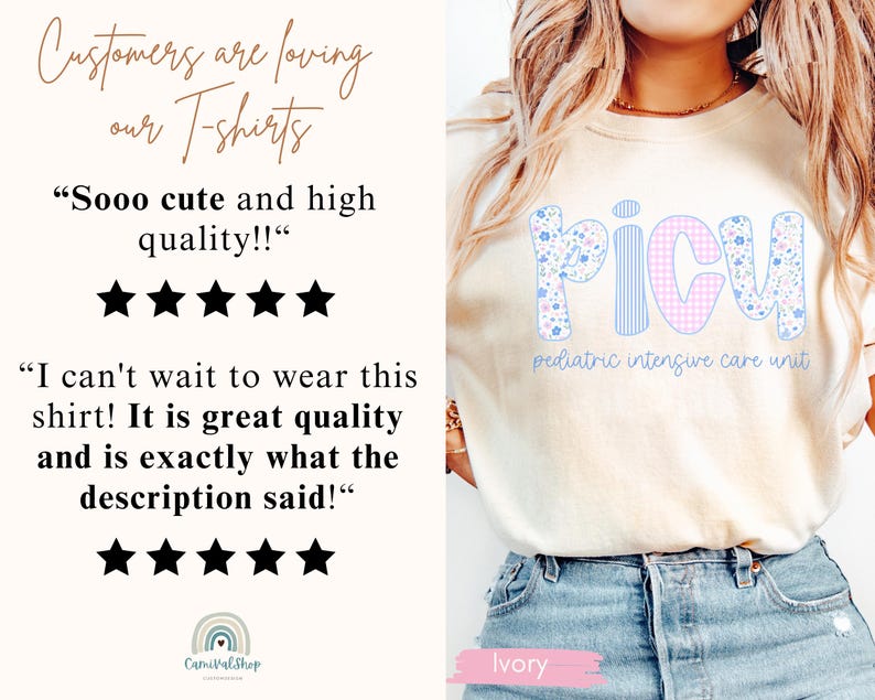 Puede incluir: Camiseta color marfil con la palabra "PICU" en un dise&ntilde;o floral y de cuadros. El texto "pediatric intensive care unit" est&aacute; debajo. La camiseta tambi&eacute;n tiene rese&ntilde;as de clientes.