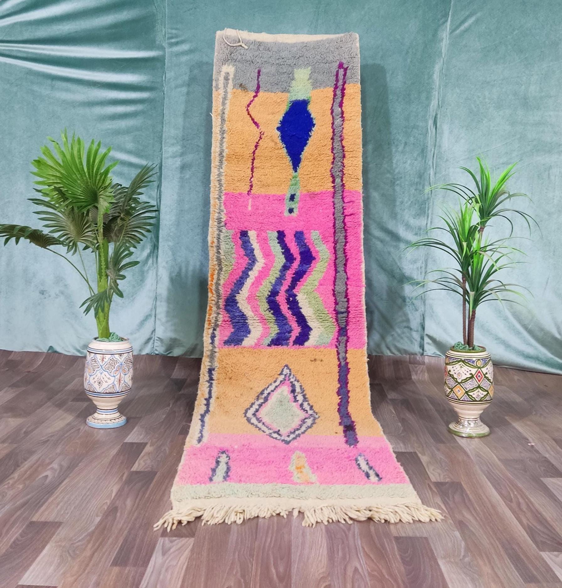 モロッコオレンジラグ、レッドベニウラインラグ、レッドハンドメイド