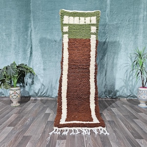 Green Moroccan Runner Beni Ourain Runner Rug, Green Custom Hallway Beige Rug Runner, Bespoke Long Runner Brown Berber Carpet