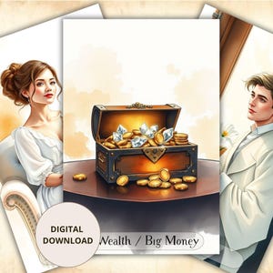May include: A digital download illustration featuring a central treasure chest overflowing with gold coins and diamonds on a table, flanked by a woman in a white dress and a man in a white suit. The text reads DIGITAL DOWNLOAD and Wealth / Big Money.