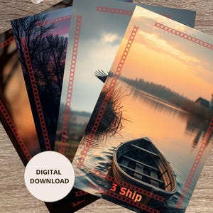 May include: A set of three rectangular prints featuring landscape photography of a boat on a lake at sunset, silhouettes of trees, and a building. Each print is bordered by a red cross-stitch pattern. A circular label displays the text DIGITAL DOWNLOAD.