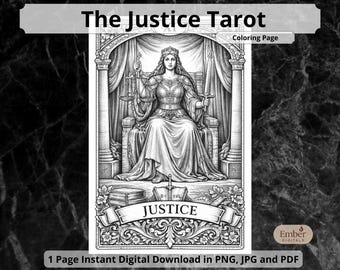 The Justice Tarot Coloring Page, Printable Single Sheet Balance Card, Digital PDF