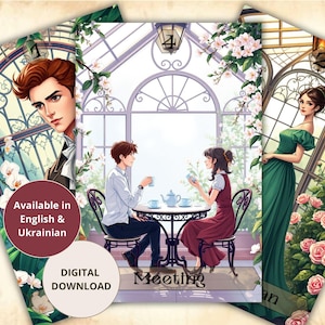 May include: A set of three illustrated cards featuring anime-style characters in a greenhouse setting. One card shows a person in a green dress, another a person in a suit, and the center card depicts two people having tea. Text includes 'Meeting'.