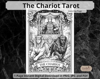 The Chariot Tarot Coloring Page, Printable Major Arcana Art, Detailed Anti Stress Digital Download