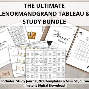 May include: A digital study bundle featuring a Lenormand Grand Tableau guide, a personal study journal, and 9x4 oracle card templates. The pages include text such as THE ULTIMATE LENORMAND GRAND TABLEAU & STUDY BUNDLE, MY PERSONAL GUIDE, and Mini Grand Tableau.