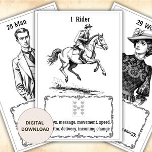 May include: Black and white illustrations of tarot cards. One card features a rider on a horse, another a man, and a third a woman. The cards have decorative borders and the text "DIGITAL DOWNLOAD".