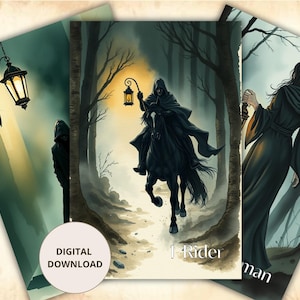 May include: Digital download of fantasy art prints. The artwork features a hooded figure on horseback, a woman in a dark cloak, and a street lamp. The prints have a dark, atmospheric color palette with a forest setting. The text "1 Rider" is visible.