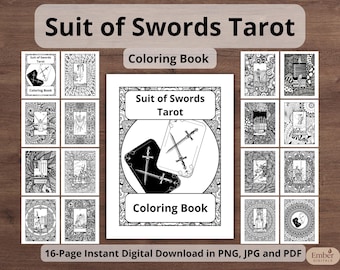 Printable Tarot Suit of Swords Coloring Pages, Mental Clarity Journal, Anti-Stress, Digital PDF