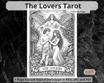 The Lovers Tarot Coloring Page, Printable Major Arcana Art, Detailed Anti Stress Digital Download